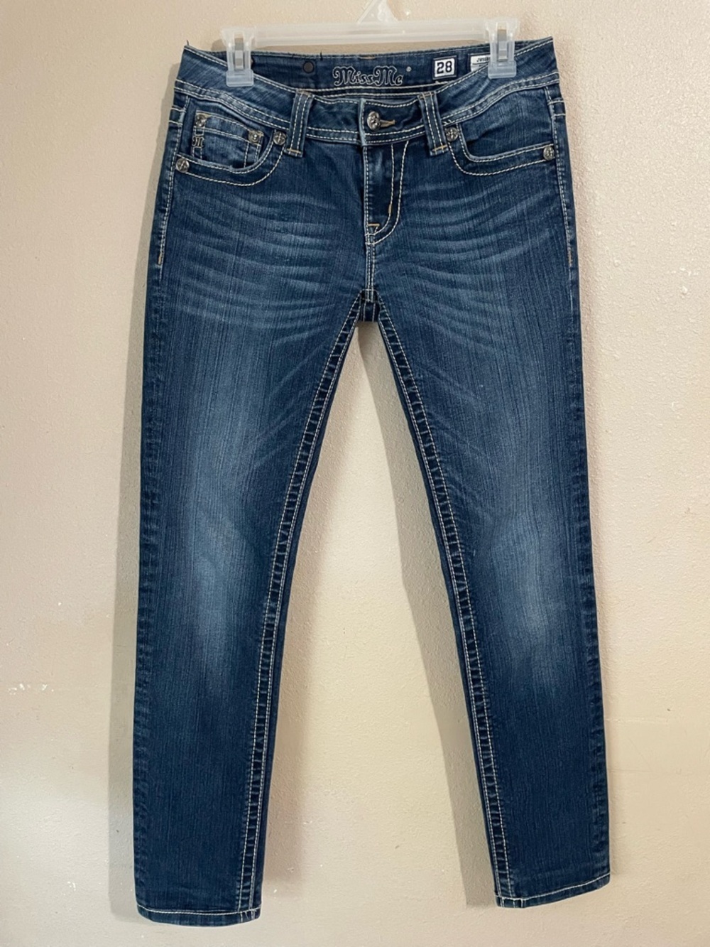 Miss Me Embellished Pocket Skinny Low Rise Jeans Size 28 Medium Wash